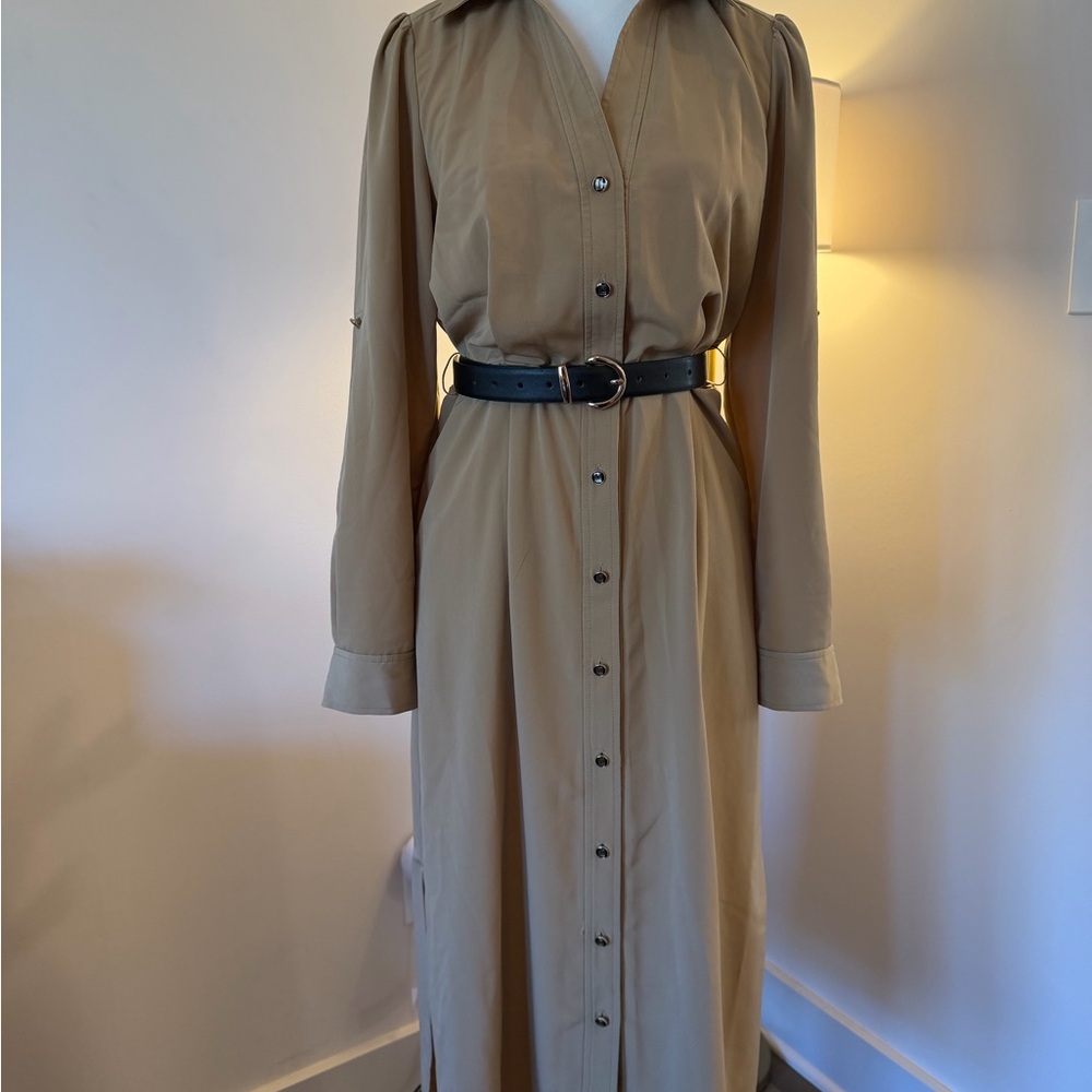 Karl Lagerfeld Beige Long Sleeve Dress with Black Belt